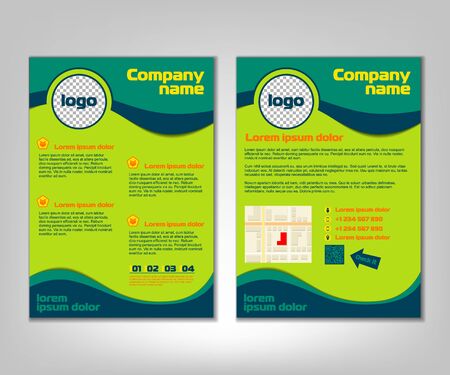 Brochure flyer design layout template. Front and back page in A4 size. Business background with marketing icons and infographic elements.のイラスト素材