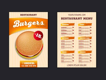 Fast food menu brochure design on a light background vector template in A4 size. flyer, baner and Layout Design. food concept.のイラスト素材