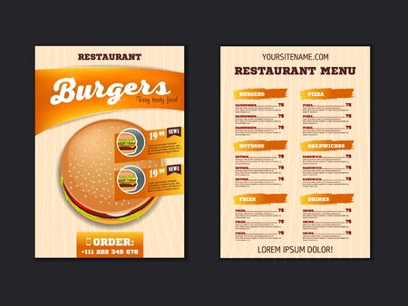 Fast food menu brochure design on a light background vector template in A4 size. flyer, baner and Layout Design. food concept.のイラスト素材