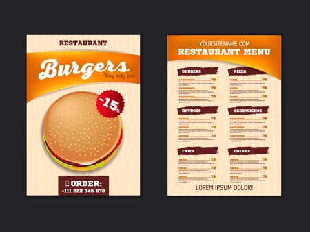 Fast food menu brochure design on a light background vector template in A4 size. flyer, baner and Layout Design. food concept.のイラスト素材