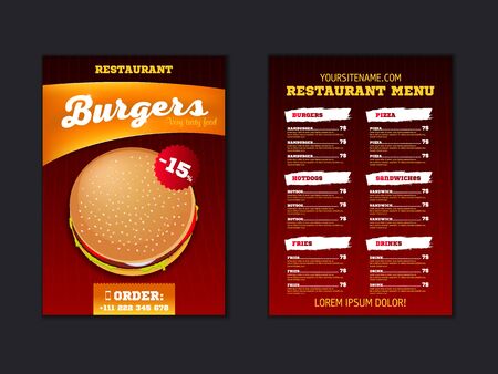 Fast food menu brochure design on a dark background vector template in A4 size. flyer, baner and Layout Design.のイラスト素材