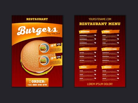 Fast food menu brochure design on a dark background vector template in A4 size. flyer, baner and Layout Design. food concept.のイラスト素材