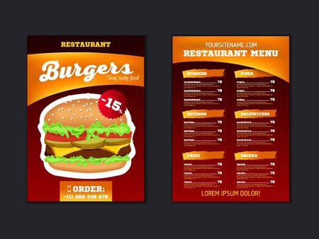 Fast food menu brochure design on a dark background vector template in A4 size. flyer, baner and Layout Design.のイラスト素材