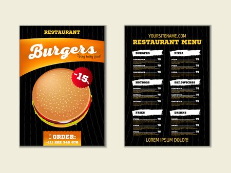 Fast food menu brochure design on a dark background vector template in A4 size. flyer, baner and Layout Design.のイラスト素材