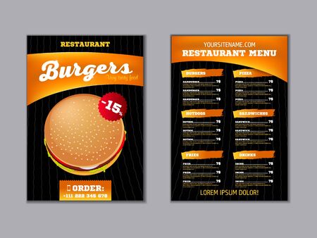 Fast food menu brochure design on a dark background vector template in A4 size. flyer, baner and Layout Design.のイラスト素材