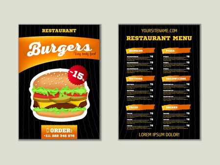 Fast food menu brochure design on a dark background vector template in A4 size. flyer, baner and Layout Design.のイラスト素材