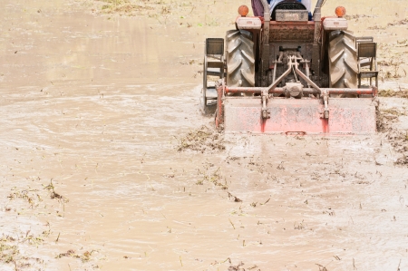 Farm worker preparing the ground for the growth of rice with tractor, Thailand の写真素材
