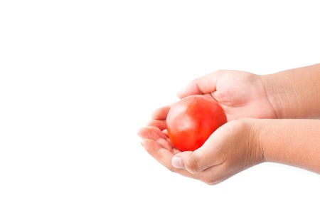 Whole tomato in the human hand isolated over white backgroundの写真素材