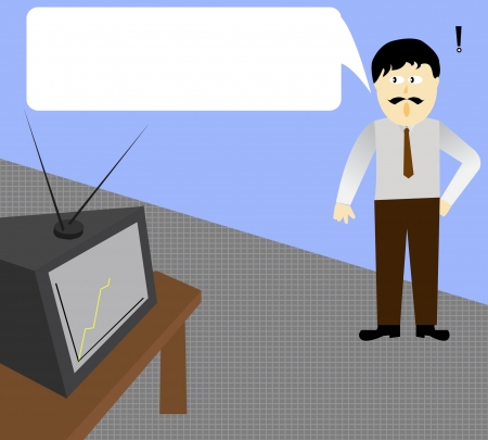 A man is looking at his Tv with a confused expression  のイラスト素材