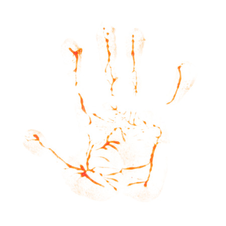 Hand print ketchup isolated on white background.の写真素材