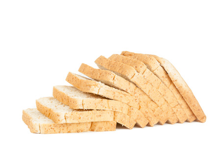 The cut loaf of bread on white background.