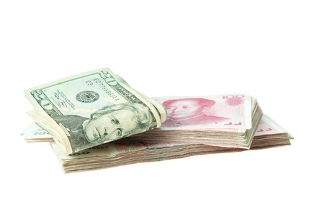 Dollar USA and RMB Chinese on white background.