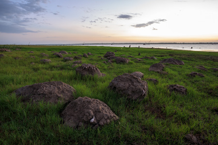 Sunset on the lake with stoneの写真素材