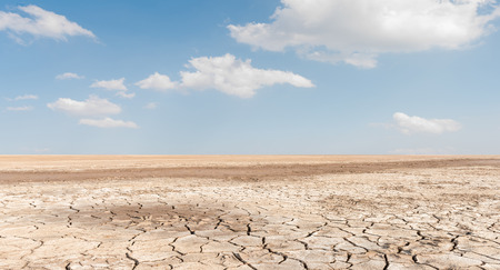 Soil drought cracked landscape on blue sky backgroundの写真素材