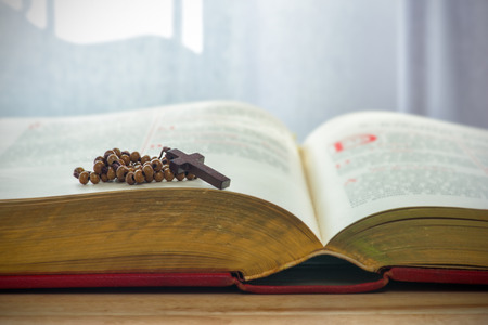 Catholic rosary beads and bibleの写真素材