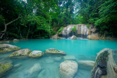 Waterfall in forest at Erawan waterfall National Park, Kanchanaburi, Thailandの写真素材