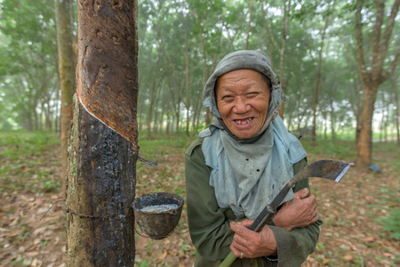 Old farmer smile in rubber plantationの写真素材