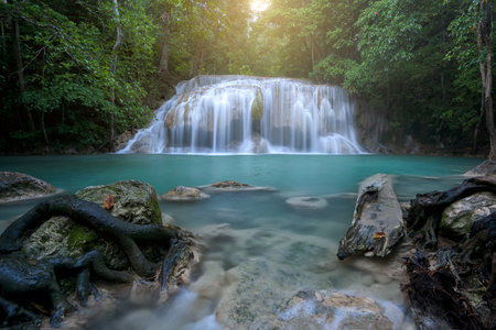 Beautiful Erawan waterfall in deep forest at Kanchanaburi province, Thailand.