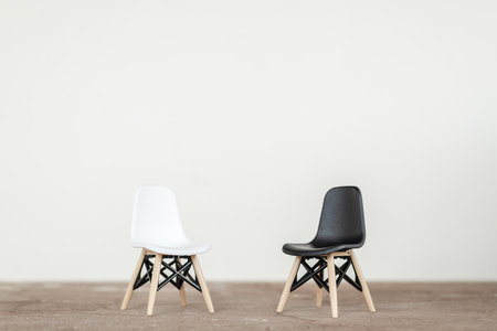 Modern white and black chair on the wooden floor.の写真素材