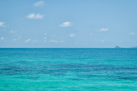 Beautiful seascape with blue sky on a sunny day. Nature background. Sea surface in sun light. Relaxing natural photo wallpaper. Teal blue ocean view. Breezy wavy seawater. Water background texture.の写真素材