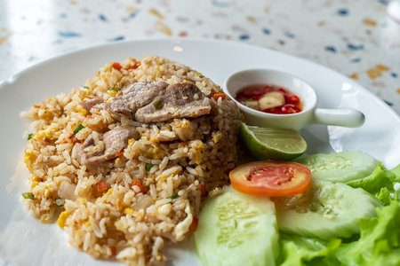 Fried rice with pork and egg. Food background.の写真素材