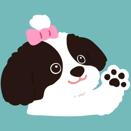 Flat colored Shih Tzu waving hand with pink ribbonのイラスト素材