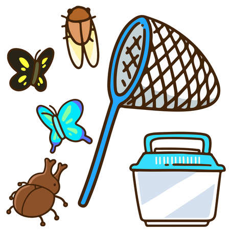 Butterfly net and bugs Blue setのイラスト素材
