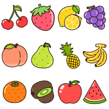 Colorful outlined simple fruits setのイラスト素材
