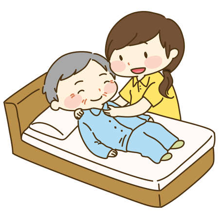 Caretaker supporting old man going to bedのイラスト素材