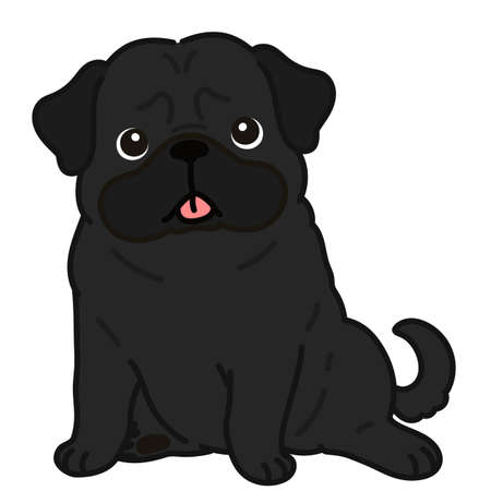 Outlined simple and cute black pug sitting in front viewのイラスト素材