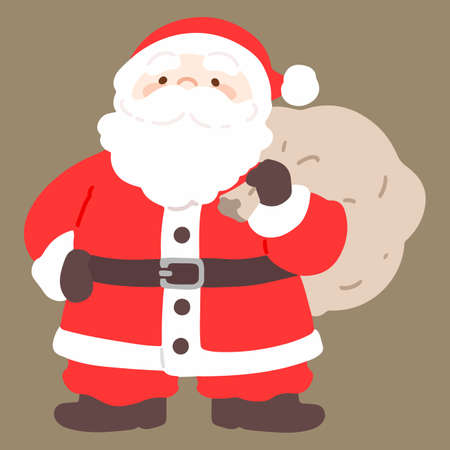 Flat colored adorable and simple illustration of Santa Claus carrying a sack of presentsのイラスト素材