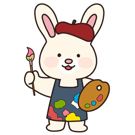 Adorable bunny holding a painting brush and a paint palette outlinedのイラスト素材