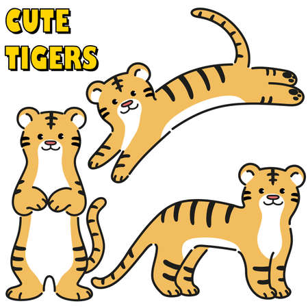 Set of simple and adorable tiger illustrations with outlinesのイラスト素材