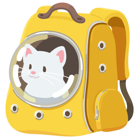 Simple and adorable illustration of white cat in a backpack carrier flat coloredのイラスト素材