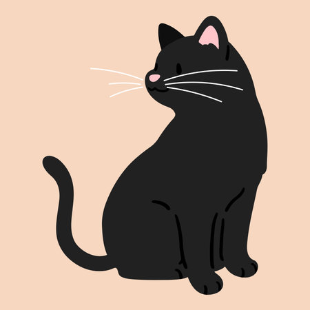 Simple and adorable illustration of black cat sitting looking sideways flat coloredのイラスト素材