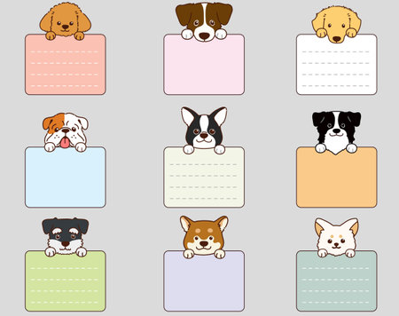 Set of outlined various cute dog faces with paws holding a noteのイラスト素材