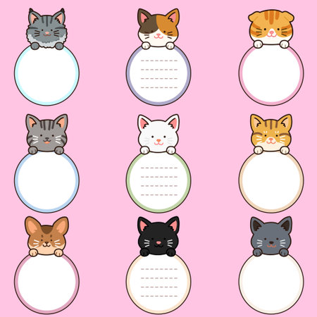 Outlined adorable and simple cat heads with front paws holding a circle noteのイラスト素材