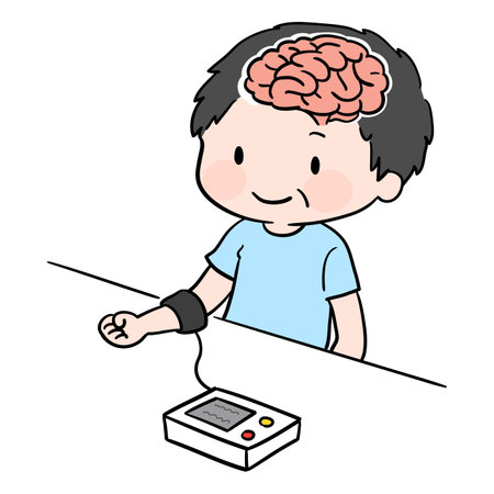 Simple illustration of a man checking pulse for a healthy brain and a heartのイラスト素材