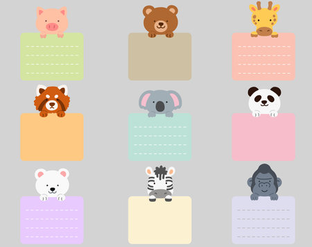Set of flat colored cute and simple animals holding a rectangle note cardsのイラスト素材