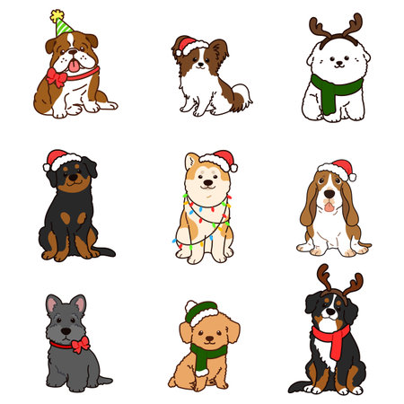 Simple and cute Christmas illustrations with adorable dogs with outlinesのイラスト素材