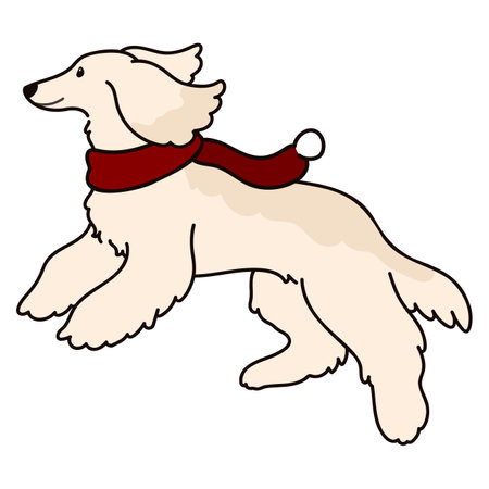 Simple and adorable Afghan Hound illustration jumping with a red scarf onのイラスト素材