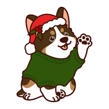 Simple and cute Christmas illustration of dark brown Corgi waving hand outlinedのイラスト素材