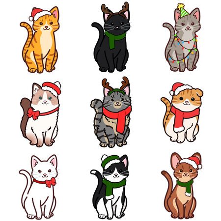 Simple and adorable cats sitting in front view set Christmas versionのイラスト素材