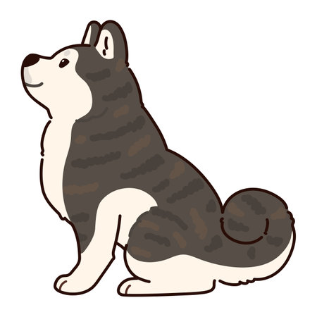 Simple and adorable outlined dark colored Akita Dog sitting in side viewのイラスト素材