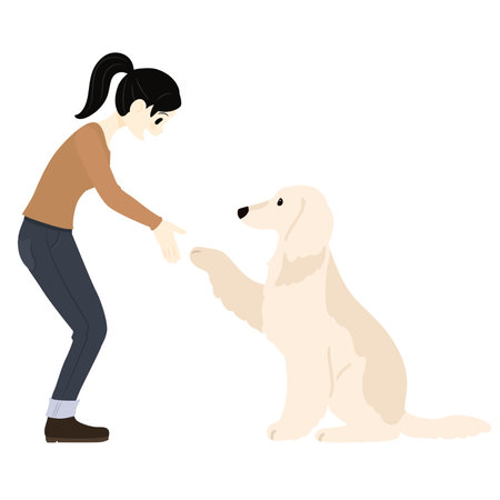 Illustration of a young woman and an Afghan Hound dog shaking handsのイラスト素材