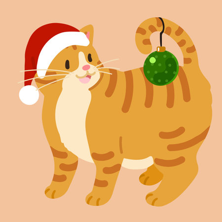 Simple and adorable Christmas illustration of Orange Tabby Cat playing with a Christmas ornament flat coloredのイラスト素材