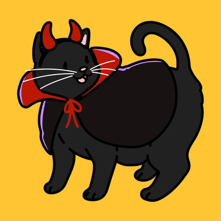 Simple and adorable Halloween illustration of Black Cat in a devil costume outlinedのイラスト素材