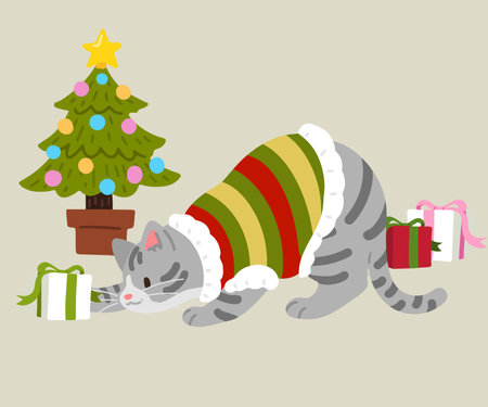 Simple and adorable Christmas illustration of Gray Tabby Cat playing with gifts flat coloredのイラスト素材