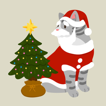 Simple and adorable Christmas illustration of Gray Tabby Cat and a Christmas Tree flat coloredのイラスト素材