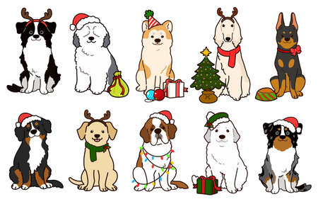 Simple and adorable Christmas illustrations of friendly big dogs outlinedのイラスト素材